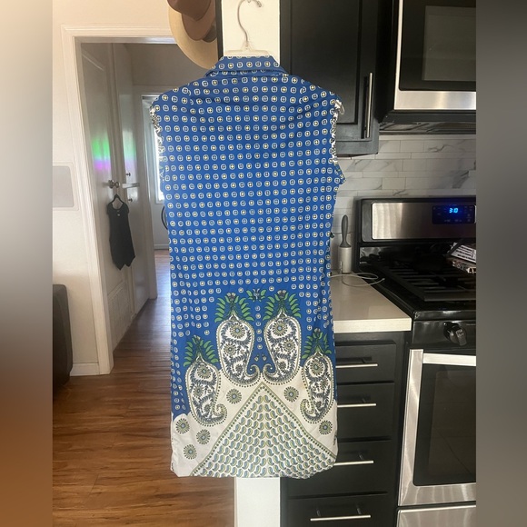 70s Paisley Sundress Medium Blue Midi Straight Button Down Collared Vintage Mod - Picture 4 of 12